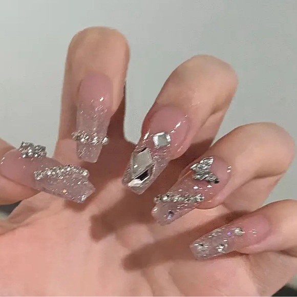 Other - 24 pc Medium Coffin Glossy Ballerina French Acrylic Nails with 3D Rhinestones